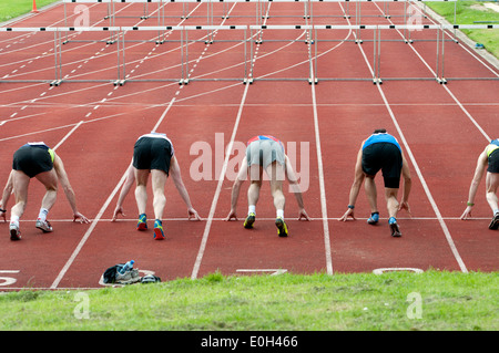 Athletics, runners at start of men`s 110m hurdles race at club level, UK Stock Photo